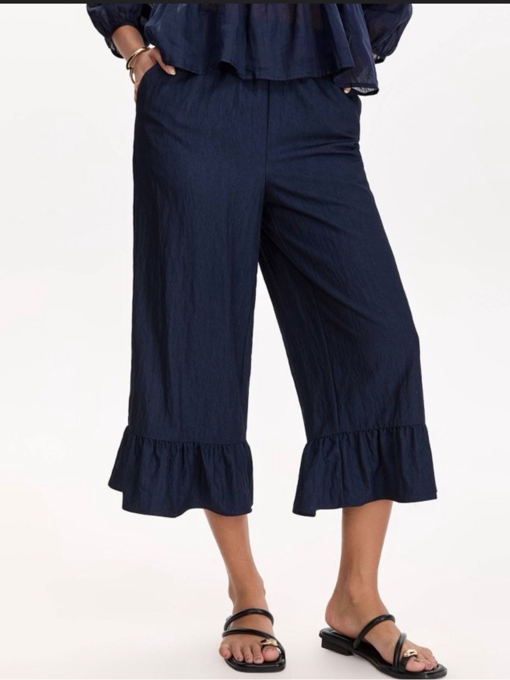 Navy Ruffle-Hem Cropped Wide-Leg Pants